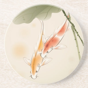 Japanese Carp fishes swimming in lotus pond Coaster