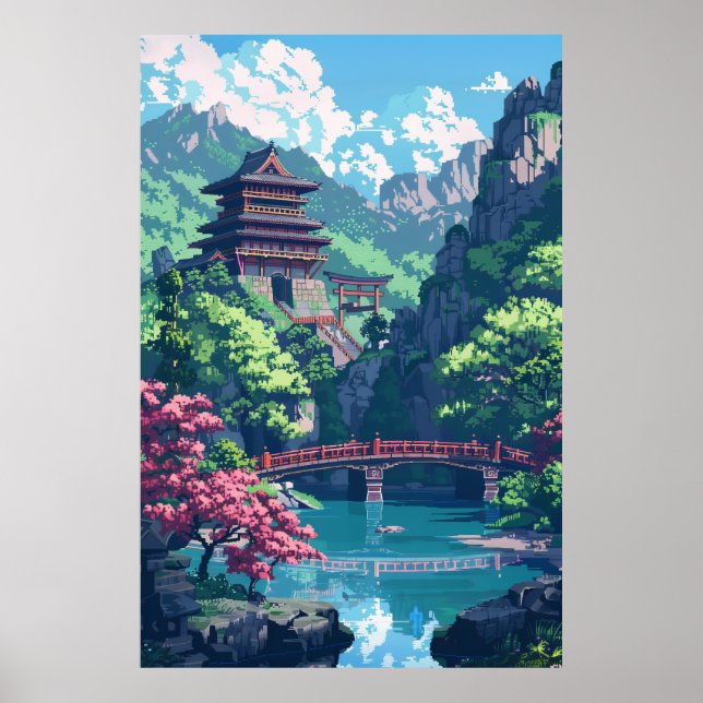 Japanese Castle Pixel Art Landscape Fantasy Poster (Front)