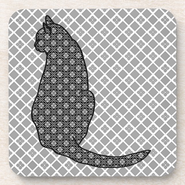 Japanese Cat - Black and White Kimono Print Coaster (Front)