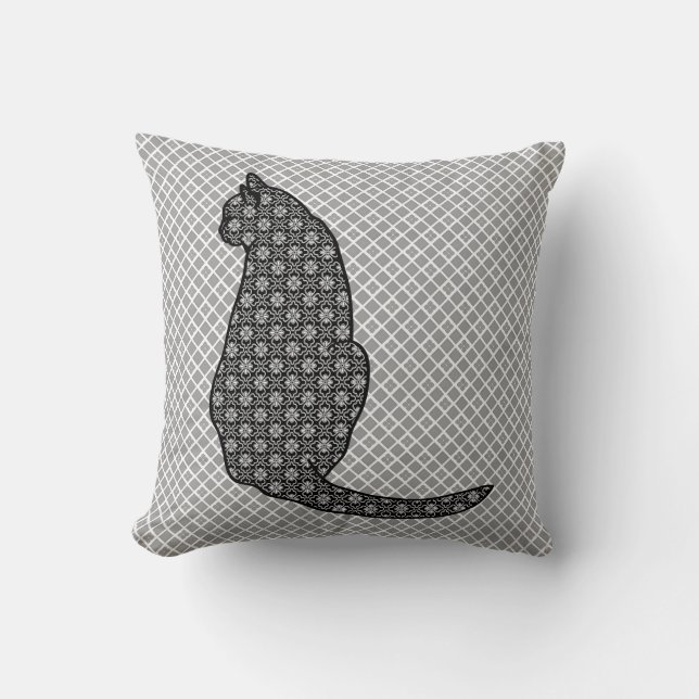 Japanese Cat - Black and White Kimono Print Cushion (Front)