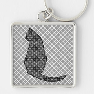 Japanese Cat - Black and White Kimono Print Key Ring