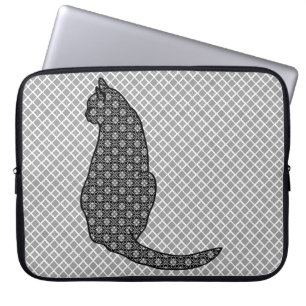 Japanese Cat - Black and White Kimono Print Laptop Sleeve