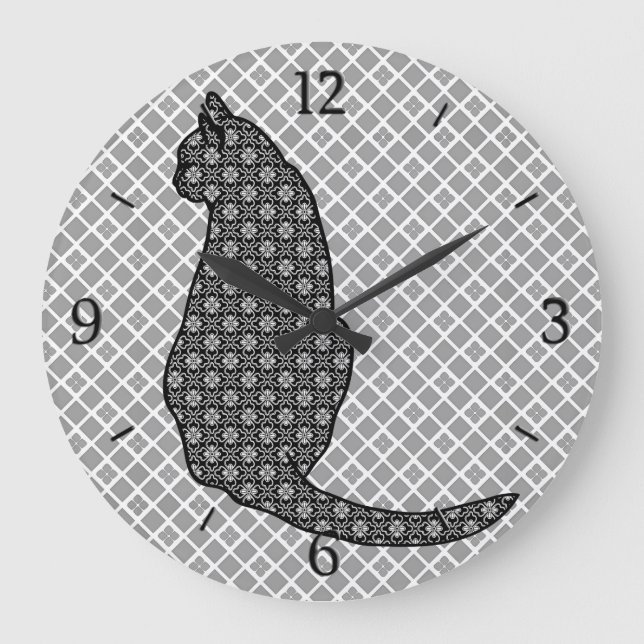 Japanese Cat - Black and White Kimono Print Large Clock (Front)