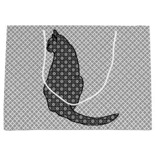 Japanese Cat - Black and White Kimono Print Large Gift Bag