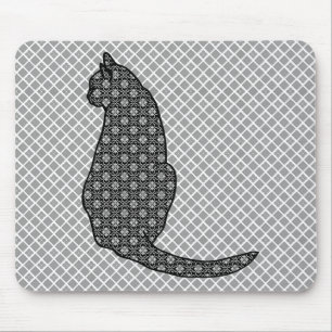 Japanese Cat - Black and White Kimono Print Mouse Mat