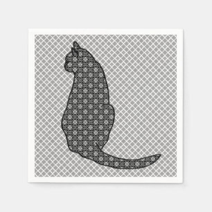 Japanese Cat - Black and White Kimono Print Napkin