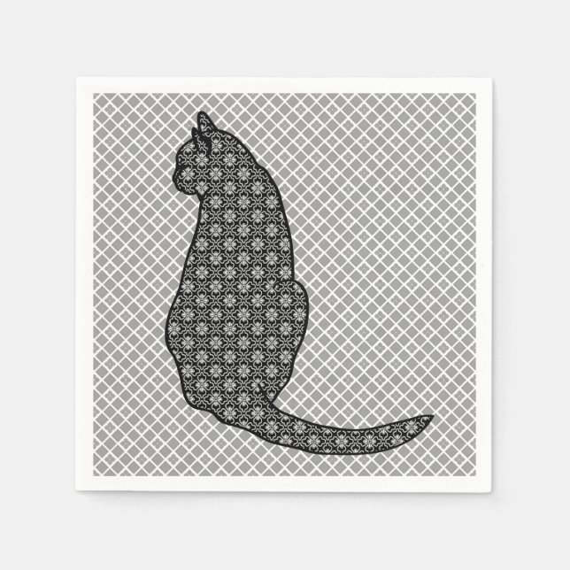 Japanese Cat - Black and White Kimono Print Napkin (Front)