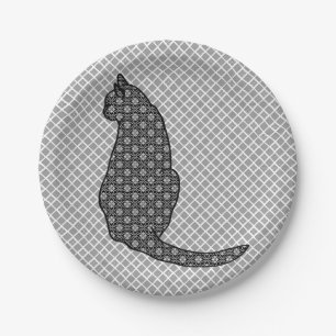 Japanese Cat - Black and White Kimono Print Paper Plate