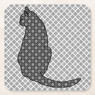 Japanese Cat - Black and White Kimono Print Square Paper Coaster