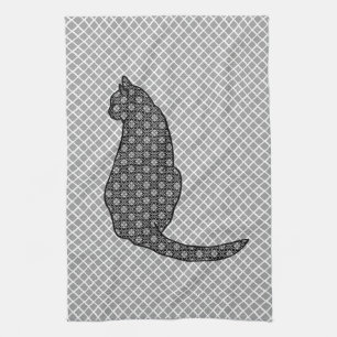 Japanese Cat - Black and White Kimono Print Tea Towel
