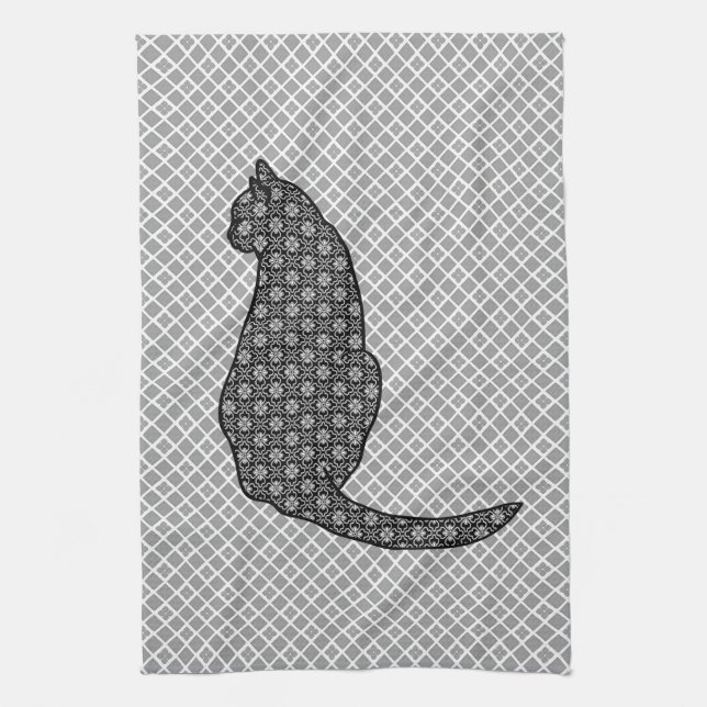 Japanese Cat - Black and White Kimono Print Tea Towel (Vertical)