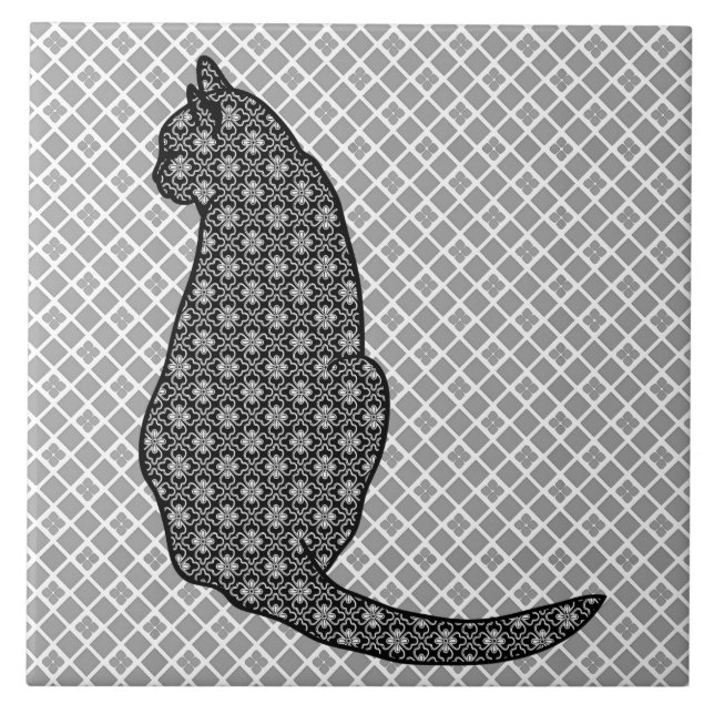 Japanese Cat - Black and White Kimono Print Tile (Front)