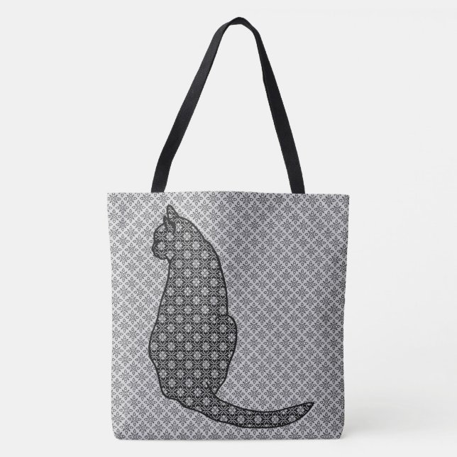 Japanese Cat - Black and White Kimono Print Tote Bag (Front)