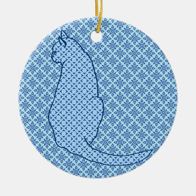 Japanese Cat - Blue Kimono Print Ceramic Tree Decoration (Front)