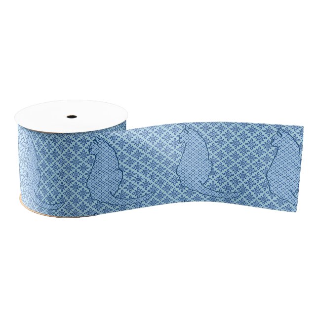 Japanese Cat - Blue Kimono Print Grosgrain Ribbon (Spool)