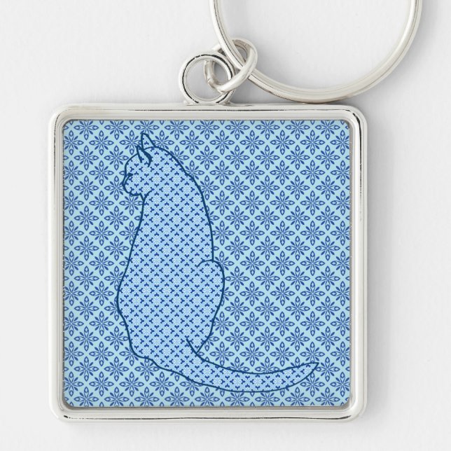 Japanese Cat - Blue Kimono Print Key Ring (Front)