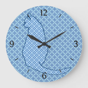 Japanese Cat - Blue Kimono Print Large Clock