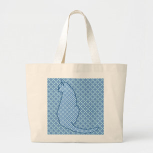 Japanese Cat - Blue Kimono Print Large Tote Bag