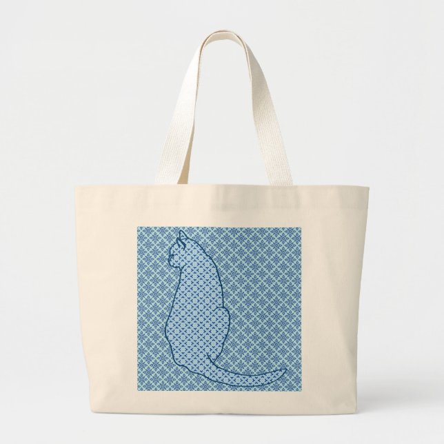 Japanese Cat - Blue Kimono Print Large Tote Bag (Front)