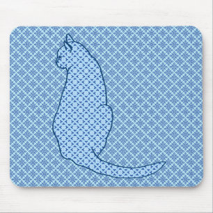 Japanese Cat - Blue Kimono Print Mouse Mat