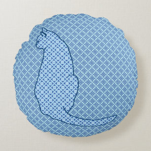 Japanese Cat - Blue Kimono Print Round Cushion