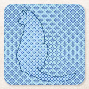 Japanese Cat - Blue Kimono Print Square Paper Coaster