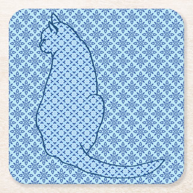 Japanese Cat - Blue Kimono Print Square Paper Coaster (Front)