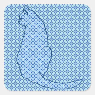 Japanese Cat - Blue Kimono Print Square Sticker