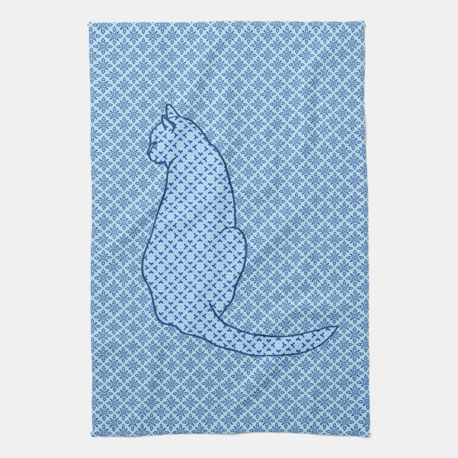 Japanese Cat - Blue Kimono Print Tea Towel (Vertical)