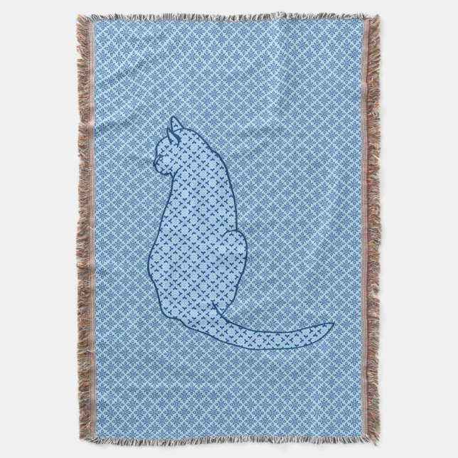 Japanese Cat - Blue Kimono Print Throw Blanket (Front Vertical)