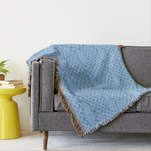 Japanese Cat - Blue Kimono Print Throw Blanket