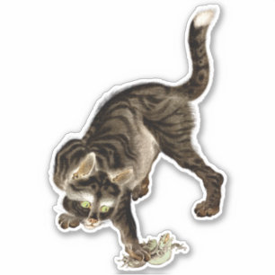 Japanese Cat Catching a Frog