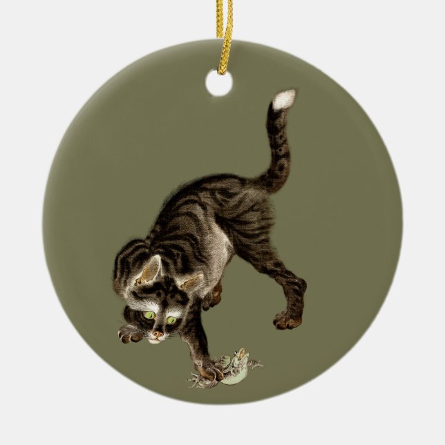 Japanese Cat Catching a Frog Ceramic Tree Decoration (Front)