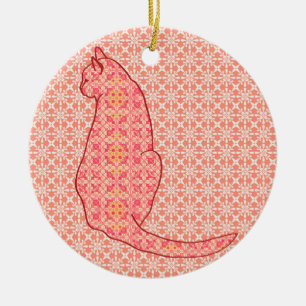 Japanese Cat - Coral Orange Batik Ceramic Tree Decoration