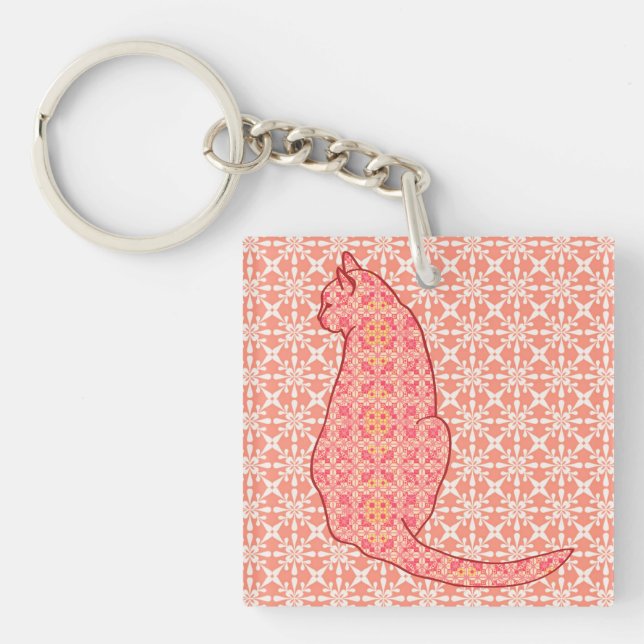 Japanese Cat - Coral Orange Batik Key Ring (Front)