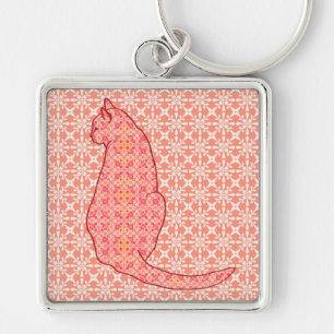 Japanese Cat - Coral Orange Batik Key Ring