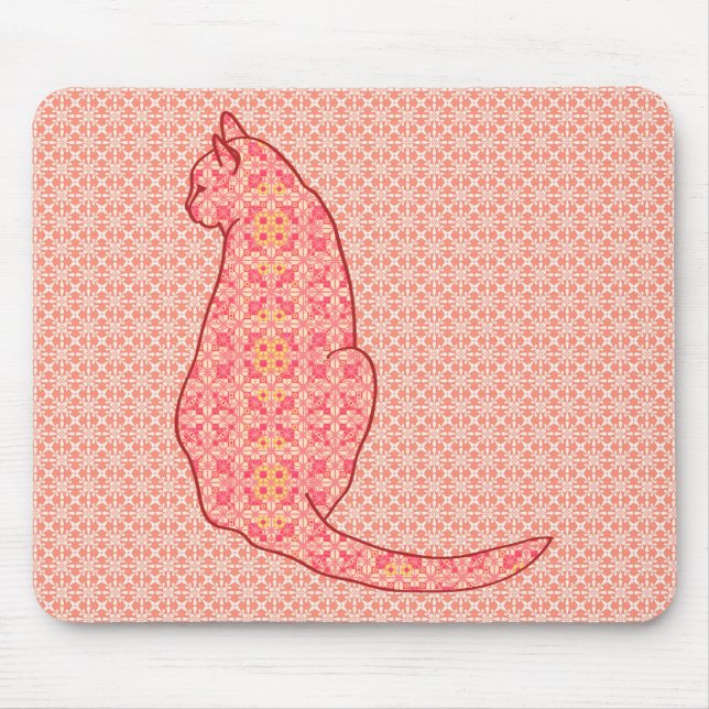 Japanese Cat - Coral Orange Batik Mouse Mat (Front)