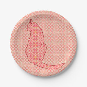 Japanese Cat - Coral Orange Batik Paper Plate