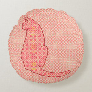 Japanese Cat - Coral Orange Batik Round Cushion