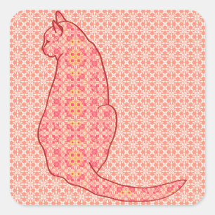 Japanese Cat - Coral Orange Batik Square Sticker