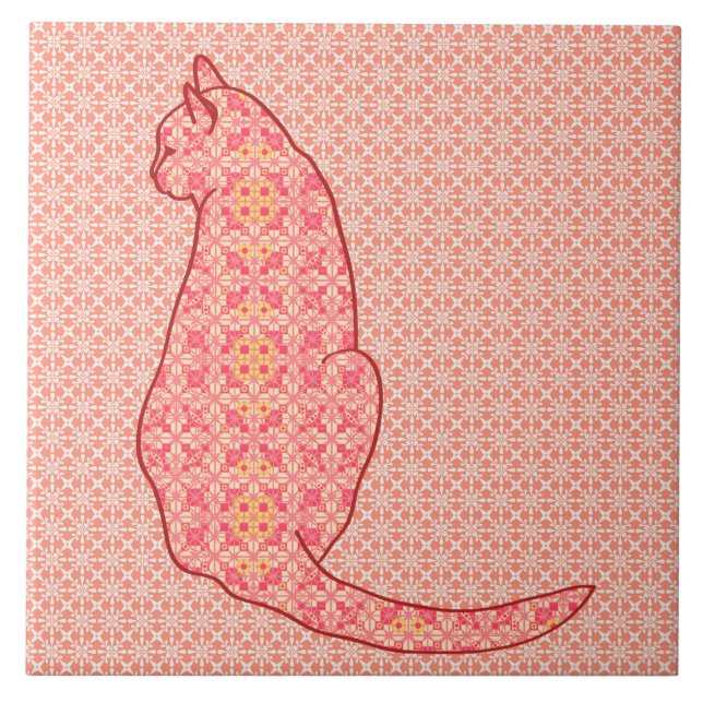 Japanese Cat - Coral Orange Batik Tile (Front)