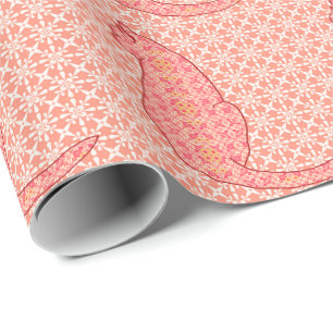 Japanese Cat - Coral Orange Batik Wrapping Paper