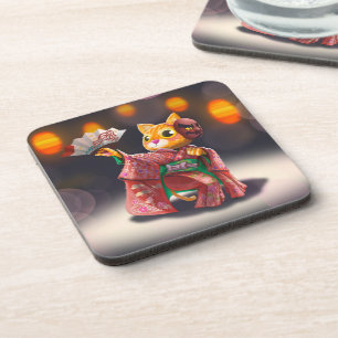 Japanese cat dancer in traditional costume  coaster