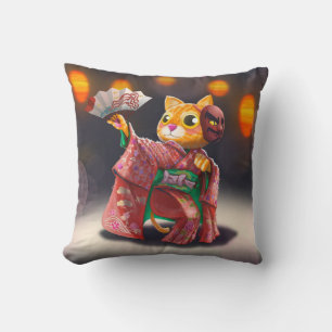Japanese cat dancer in traditional costume cushion