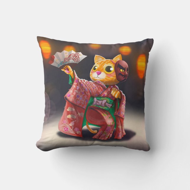 Japanese cat dancer in traditional costume cushion (Front)