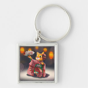Japanese cat dancer in traditional costume key ring