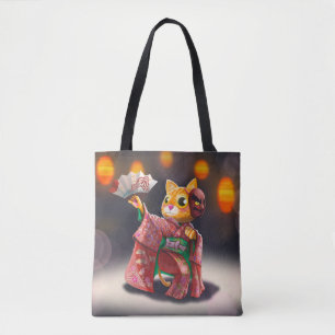 Japanese cat dancer in traditional costume tote bag
