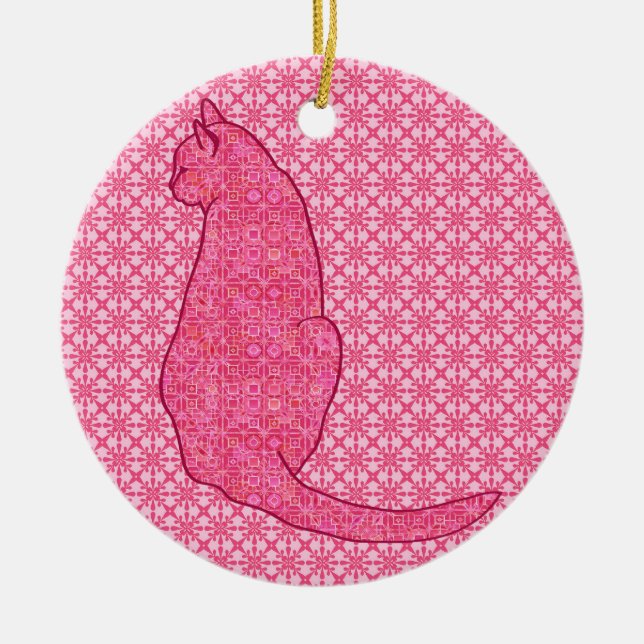 Japanese Cat - Fuchsia Pink Batik Ceramic Tree Decoration (Front)