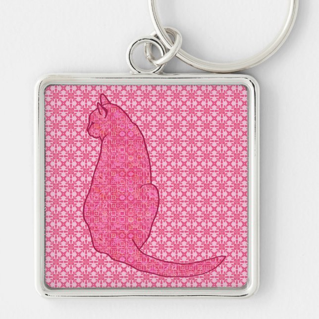 Japanese Cat - Fuchsia Pink Batik Key Ring (Front)