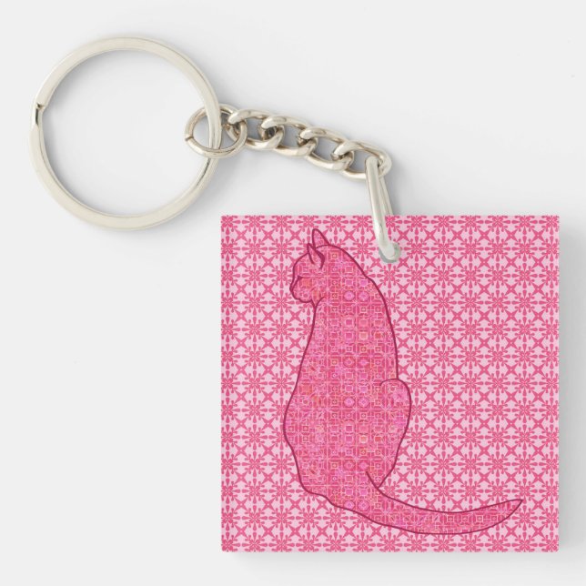 Japanese Cat - Fuchsia Pink Batik Key Ring (Front)